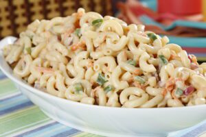 Sweet Macaroni Salad on a white bowl