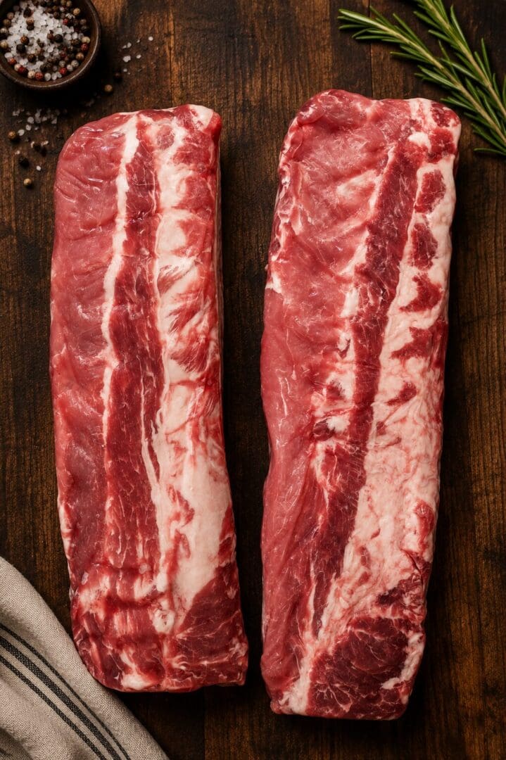 Two raw meat cuts on wooden board